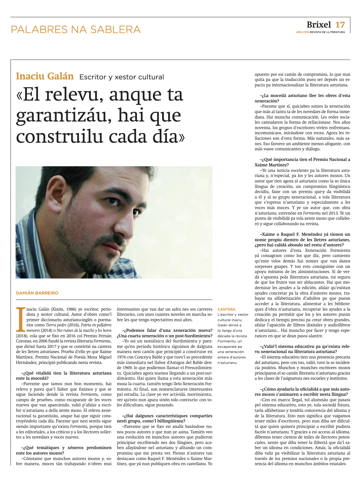Páxina d’una entrevista a Inaciu Galán na revista Brixel 17