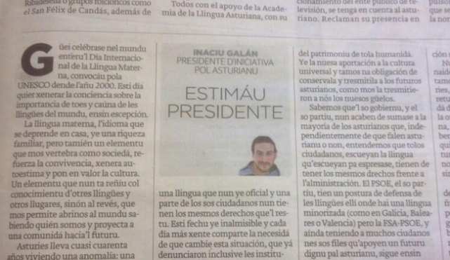Carta abierta al Presidente d’Asturies nel Día Internacional de la Llingua Materna