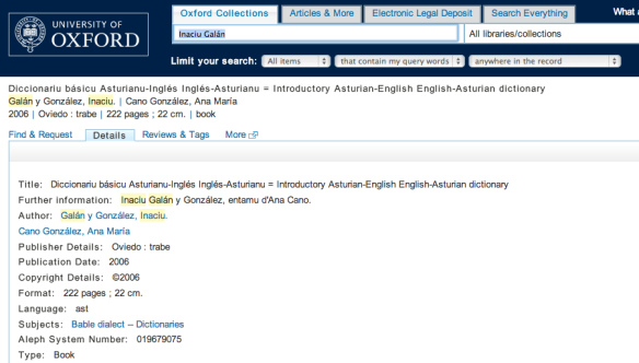 Diccionariu asturianu-inglés/inglés-asturianu na Universidá d’Oxford