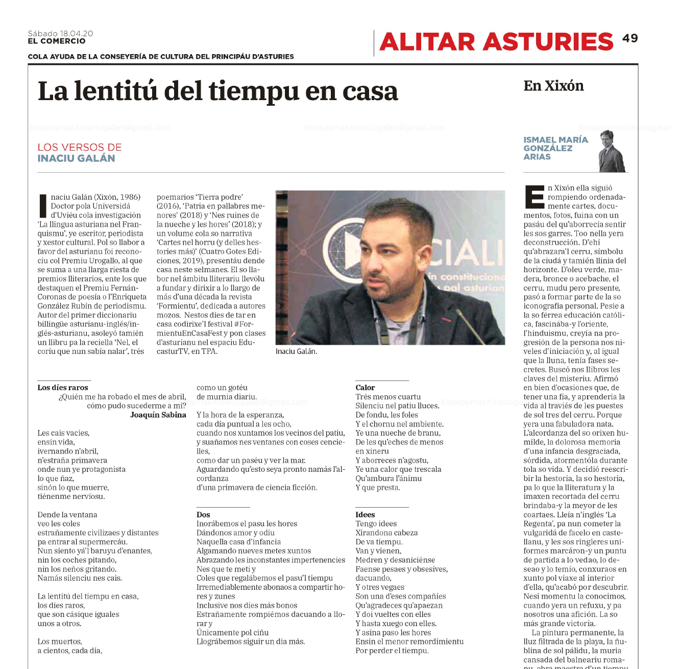 Poemes inéditos nel Alitar Asturies (El Comercio)